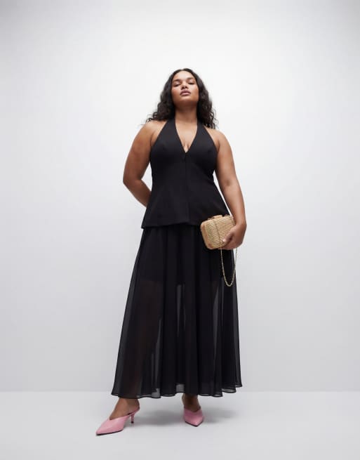 Forever New Curve halter neck godet maxi dress in black, 9 of 11