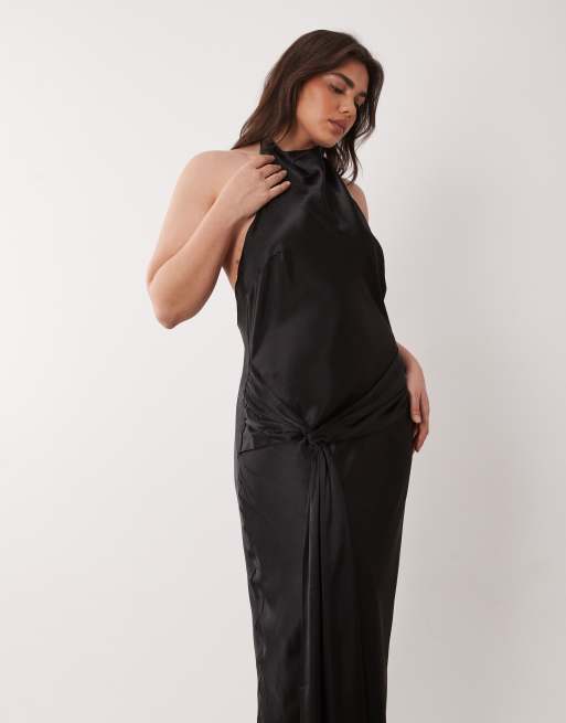 Forever New Curve halter satin maxi dress with knot front detail in black, 4 of 4