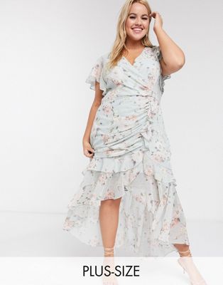 Forever New Curve high low ruched midi dress in soft mint floral-Green