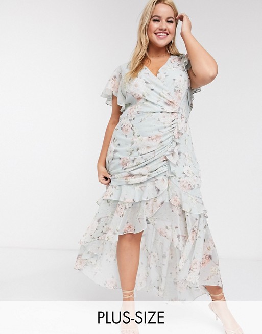 Forever New Curve high low ruched midi dress in soft mint floral