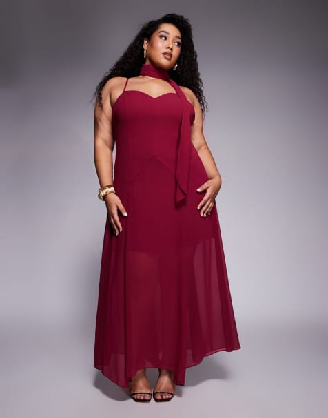 Forever New Curve Honey scarf neck cami strap hanky hem maxi dress in burgundy - view 1
