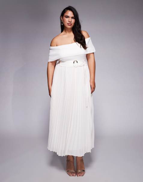 Forever New Curve knitted bardot belted pleat skirt maxi dress in cream - view 1