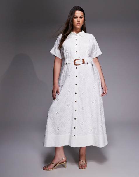 Forever New Curve – Kurzärmliges Midi-Hemdkleid in Weiß mit Lochstickerei - view 1