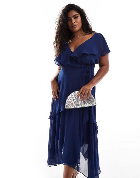 Forever New Curve lace ruffle satin midaxi dress in navy - view 1