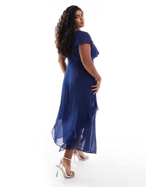 Forever New Curve lace ruffle satin midaxi dress in navy | ASOS