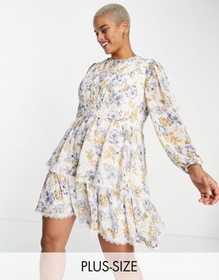 Forever New Curve lace trim spliced mini dress in blue floral