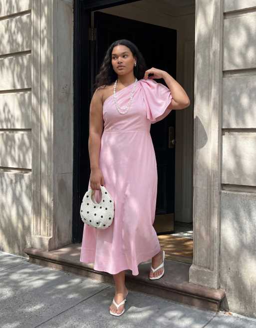 Forever New Curve – Leinen-Midikleid in Rosa mit One-Shoulder-Träger und Schleifendetail, 11 von 11