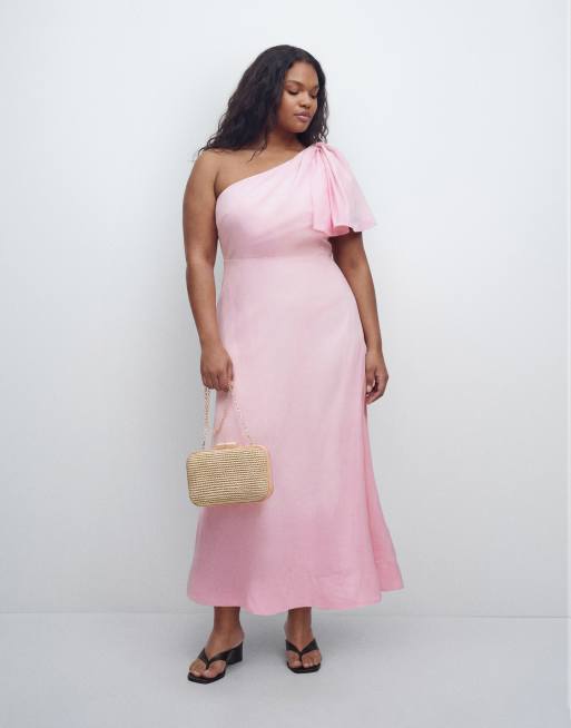 Forever New Curve – Leinen-Midikleid in Rosa mit One-Shoulder-Träger und Schleifendetail, 8 von 11