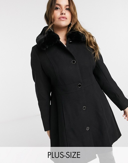 Forever New Curve long coat with faux fur collar in black