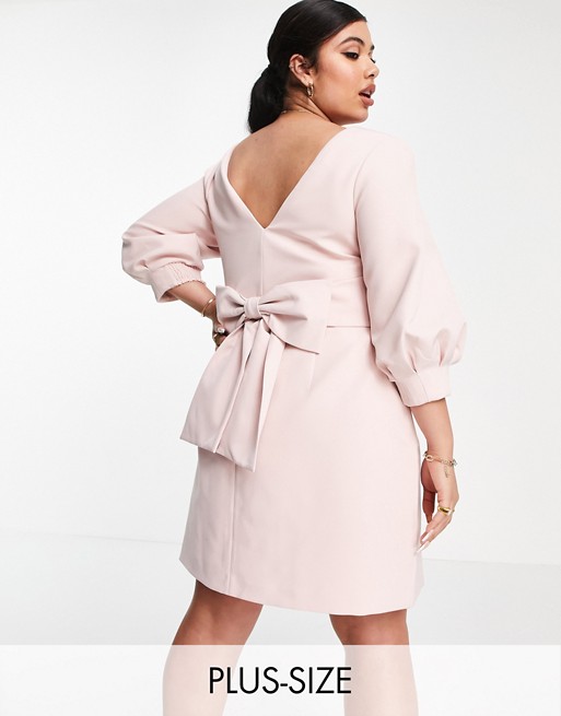 Forever New Curve long sleeve bow back mini dress in blush