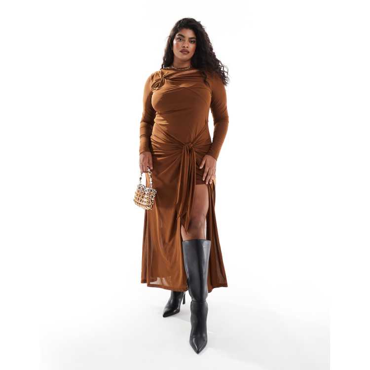Forever New long sleeve drape maxi dress in brown | ASOS
