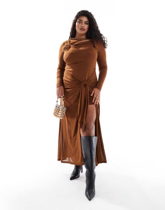 Forever New Curve long sleeve drape maxi dress in brown | ASOS