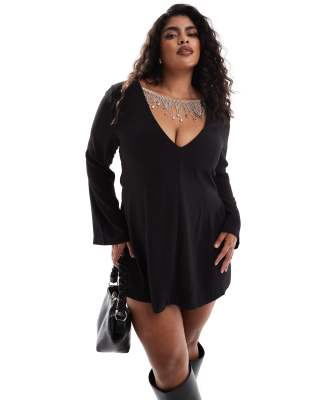 Forever New Curve long sleeve embellished back mini dress in