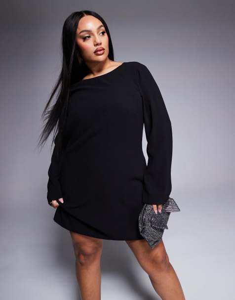 Forever New Curve long sleeve embellished back mini dress in black - view 1