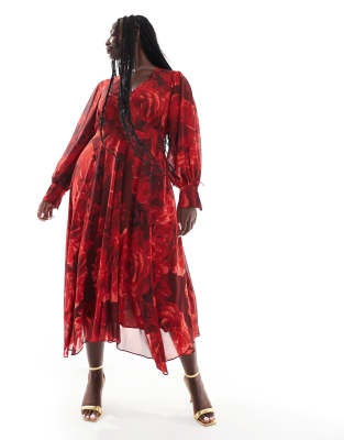 Forever New Curve Forever New Curve long sleeve maxi dress in red rose floral-Multi