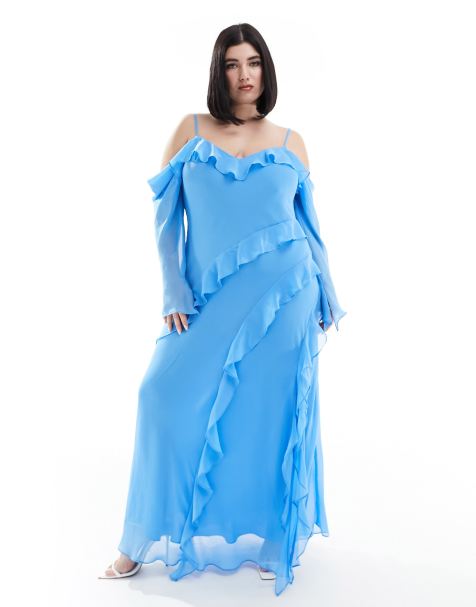 Forever New Curve long sleeve ruffle maxi dress in blue - view 1