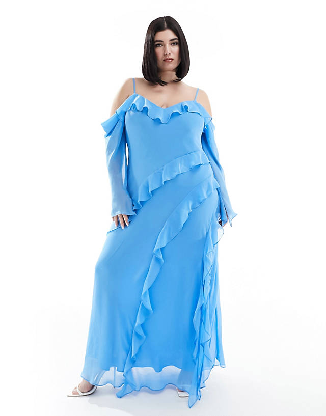 Forever New Curve - long sleeve ruffle maxi dress in blue