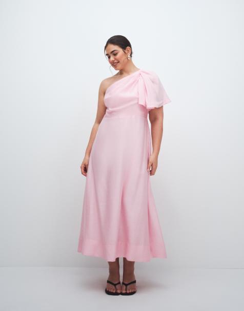Forever New Curve - Lyserød midikjole i hør med oneshoulder-design og sløjfedetalje - view 1