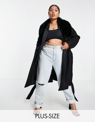 Forever New Curve wrap tie coat with faux-fur collar in black - ASOS Price Checker