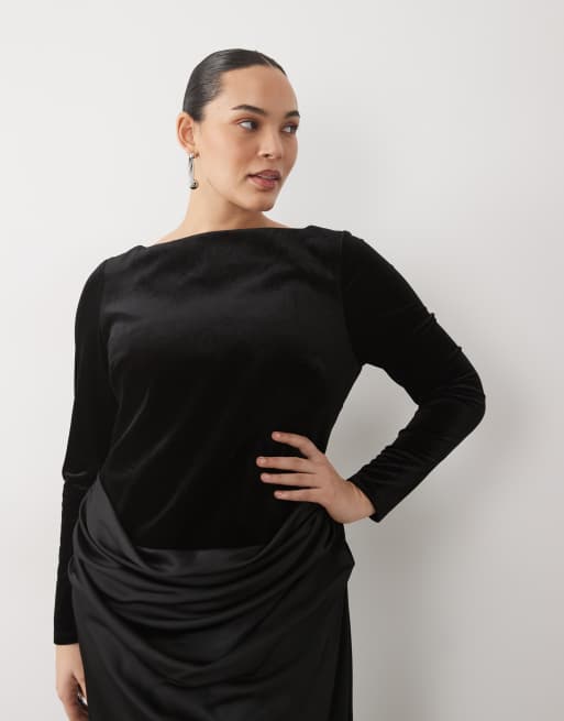 Forever New Curve Maxikleid aus Samt mit U-Boot-Ausschnitt, Drapierung und Satinbund in Schwarz, 2 von 4