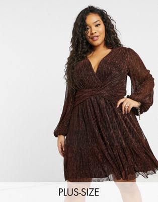 Forever New Curve metallic plisse mini dress in brown