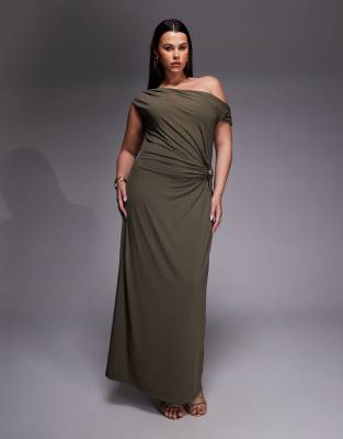 Forever New Curve - Midaxi-Kleid in Khaki mit abfallender asymmetrischer Schulterpartie-Grün
