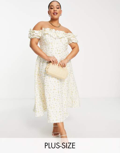 Forever New - Curve - Midi bardotjurk met ruches en fijne bloemenprint in citroengeel
