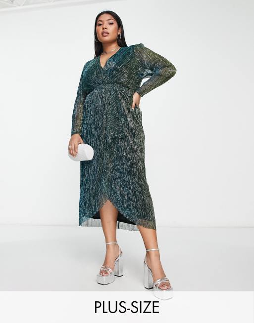 Forever New Curve - Midi jurk met gedrapeerde voorkant in metallic smaragdgroen