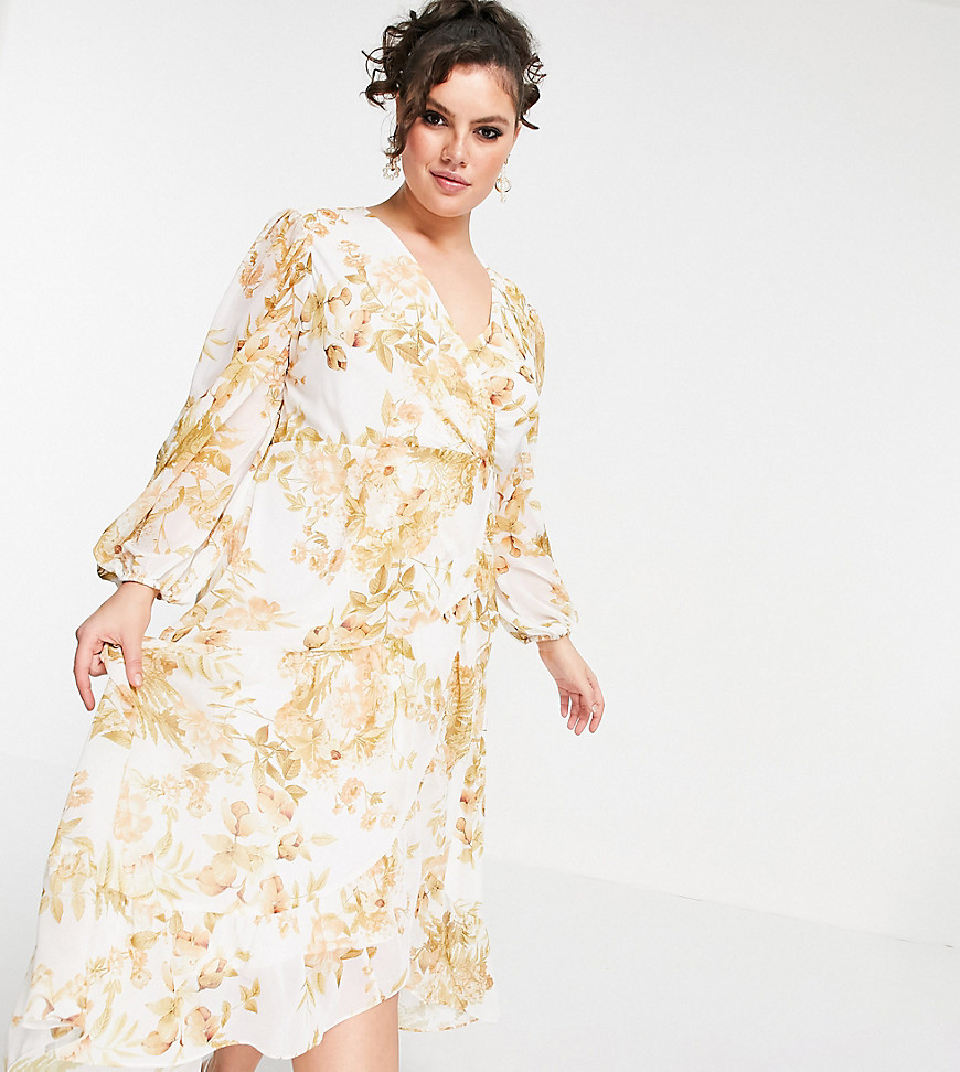 Forever New Curve - Midi-jurk met overslag en ruches langs zoom in ivoor en goudkleurige bloemenprint-Wit