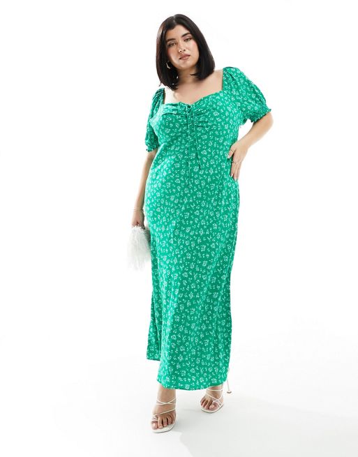 Forever New Curve - Midi-jurk met pofmouwen in groen met fijne bloemetjesprint