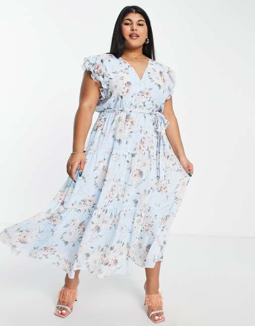 Forever New Curve - Midikjole med flæseskuldre og blomstermønster i blå, 4 af 4