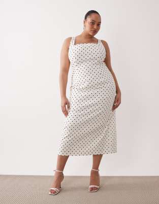 Forever New Curve - Midikleid aus elastischem Leinenmix mit Polka Dots-Schwarz