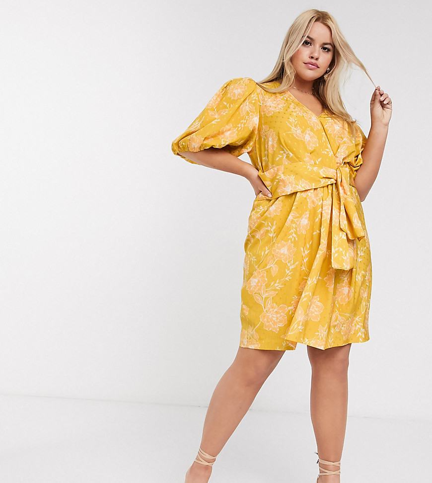 Forever New Curve mini dress in mustard floral-Yellow