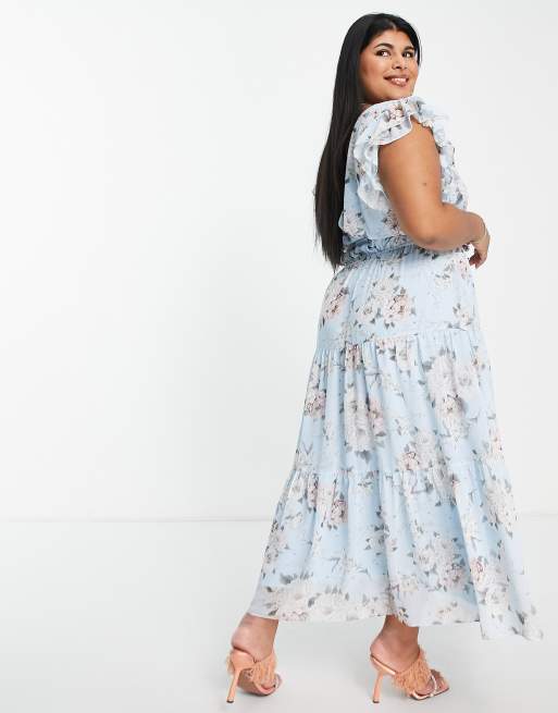 Forever New Curve – Niebieska sukienka midi z falbanką na ramionach, 3 z 4