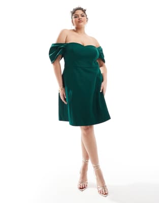 Forever New Curve off shoulder structured mini dress in emerald-Green