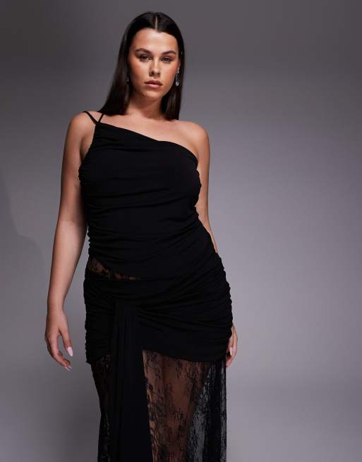 Forever New Curve one shoulder ruched cut out lace mix maxi dress in black, 3 of 4