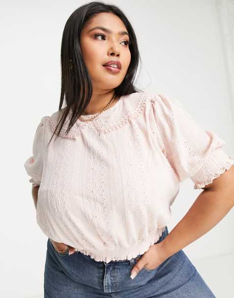 Forever New Curve oversized collar broderie blouse in powder pink - view 1