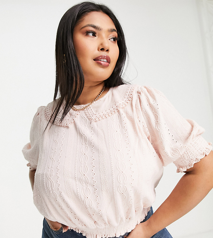 Plus-size top by Forever New Trés cute Collar with lace details Puff sleeves Button-keyhole back Shirred stretch trims Slim fit