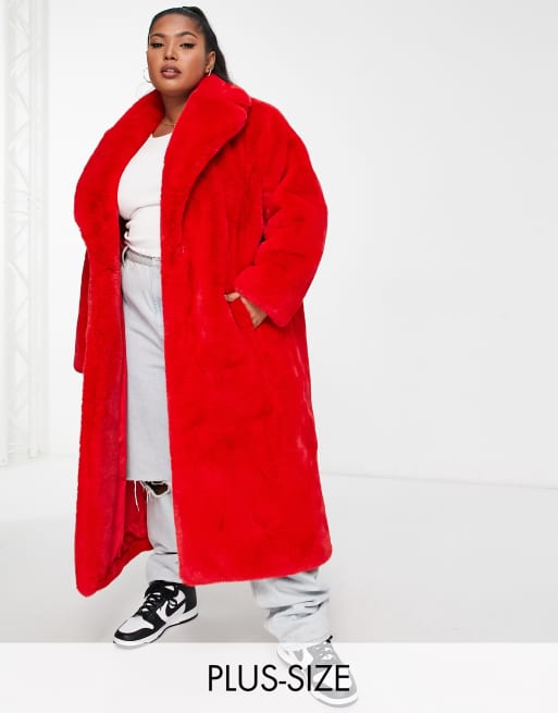 Forever New Curve oversized faux fur midi coat in pillarbox red