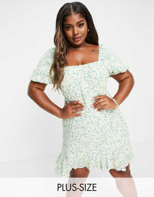 Forever New Curve – Pistagegrön småmönstrad miniklänning med fyrkantig ringning och puffärmar