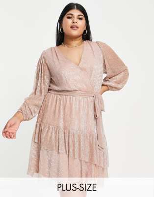 Forever New Curve plisse wrap front frill hem mini dress in rose gold - ASOS Price Checker