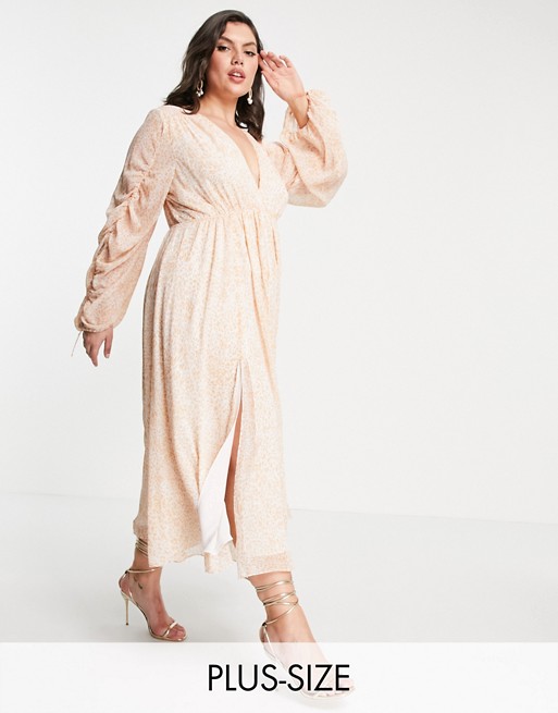 Forever New Curve plunge midaxi dress with ruched tie sleeve in soft leopard