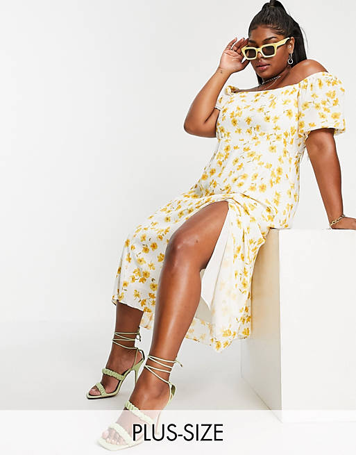 Forever New Curve puff sleeve split midi dress in buttercup print 