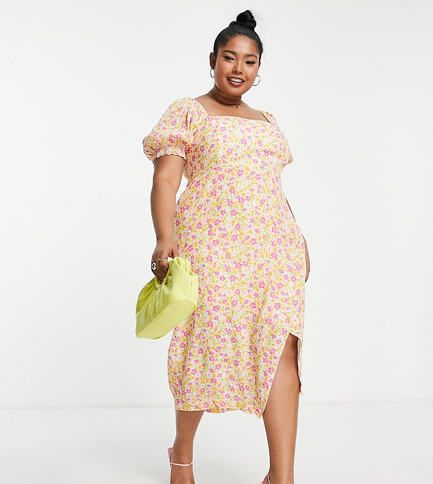 Plus-size dress by Forever New Love at first scroll Floral print Square neck front and back Puff sleeves Wrap skirt Regular fit