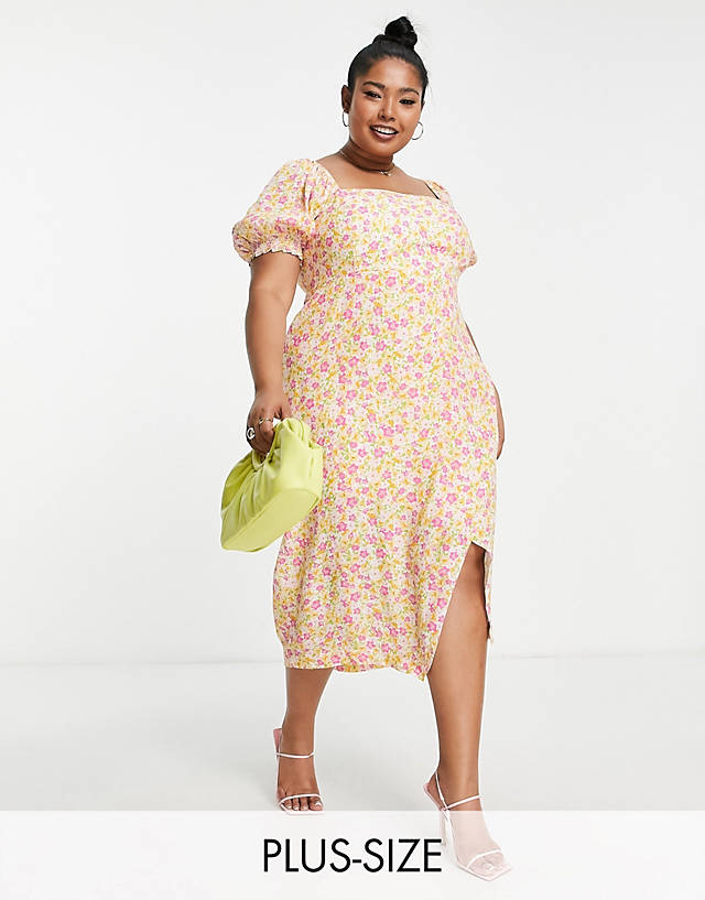 Forever New Curve - puff sleeve square neck midi dress in buttercup floral
