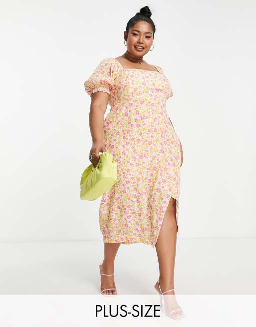 Forever New puff sleeve square neck midi dress in buttercup floral