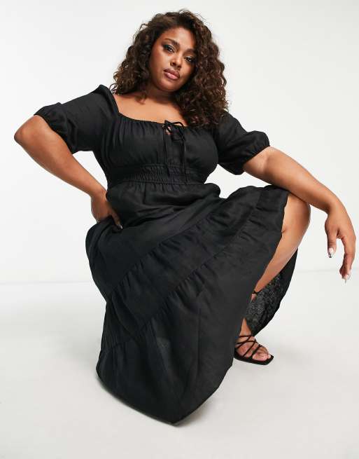 Forever New Curve puff sleeve tiered midi dress in black, 4 of 4