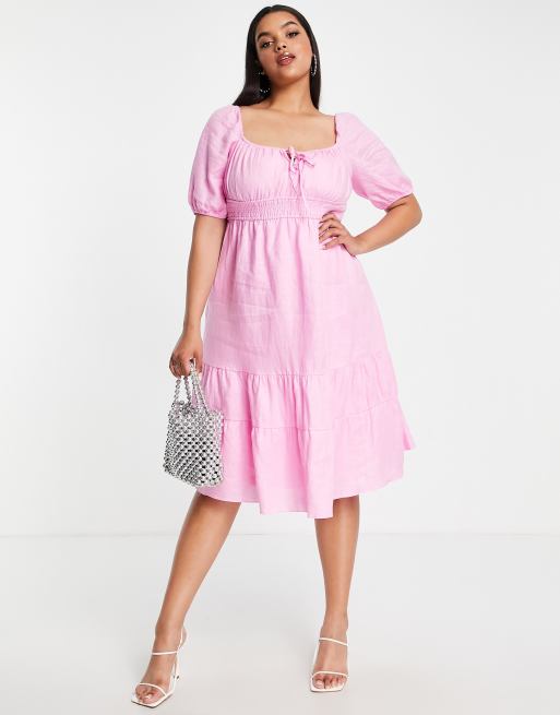 Forever New Curve puff sleeve tiered tea dress in pink, 3 of 4