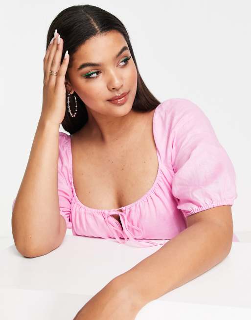 Forever New Curve puff sleeve tiered tea dress in pink, 4 of 4
