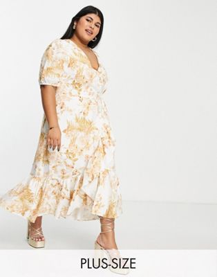 Forever New Curve puff sleeve wrap midi dress in ivory and gold floral